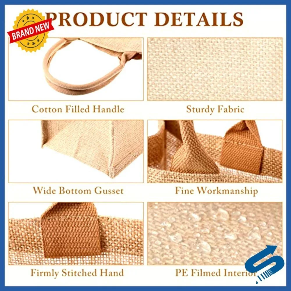 Reusable Jute Tote Bags Set Blank Large Grocery Shopping DIY Craft Gift